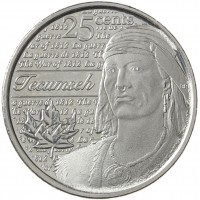 Монета Канада 25 центов 2012 Вождь Шайенов Текумсе (Война 1812 года)