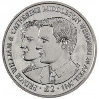 Монета Британская территория Индийского океана 2 фунта 2011 Свадьба Принца Уильяма и Кэтрин Миддлтон