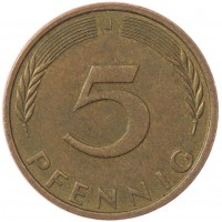 Монета Германия 5 пфеннигов 1972 J