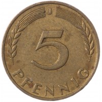 Монета Германия 5 пфеннигов 1971 J