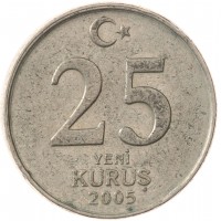 Монета Турция 25 новых курушей 2005