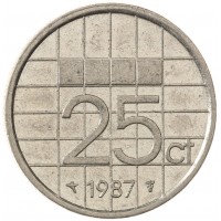 Монета Нидерланды 25 центов 1987