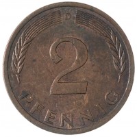 Монета Германия 2 пфеннига 1971 D