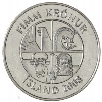 Монета Исландия 5 крон 2008