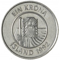 Монета Исландия 1 крона 1992