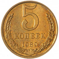 Монета 5 копеек 1989 AU-UNC