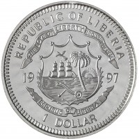 Монета Либерия 1 доллар 1997 Защита морской жизни