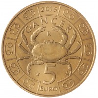 Монета Сан-Марино 5 евро 2019 Знаки зодиака - Рак