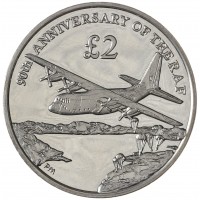 Монета Южная Георгия 2 фунта 2008 90 лет Королевским ВВС