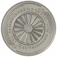 Монета Германия ФРГ 5 марок 1985 150 лет железной дороге Германии