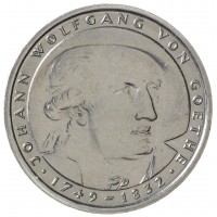 Монета Германия ФРГ 5 марок 1982 150 лет со дня смерти Иоганна Вольфганга фон Гёте