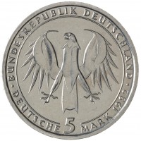 Монета Германия ФРГ 5 марок 1982 150 лет со дня смерти Иоганна Вольфганга фон Гёте