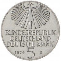 Монета Германия ФРГ 5 марок 1979 100 лет со дня рождения Отто Гана