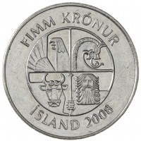 Монета Исландия 5 крон 2008