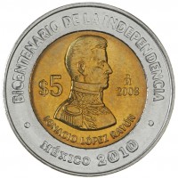 Монета Мексика 5 песо 2008 Игнасио Лопес Район