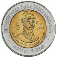 Монета Мексика 5 песо 2008 Франсиско Примо де Вердад и Рамос