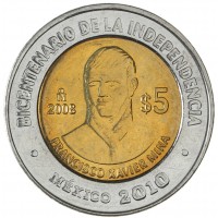 Монета Мексика 5 песо 2008 Франсиско Хавьер Мина