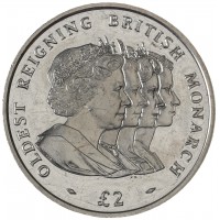 Монета Южная Георгия 2 фунта 2008 Старейший правящий монарх