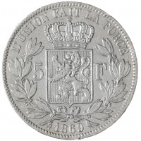 Монета Бельгия 5 франков 1869