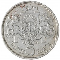 Монета Латвия 5 латов 1931