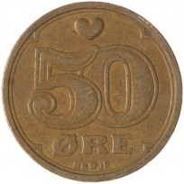 Монета Дания 50 эре 1989