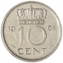 Монета Нидерланды 10 центов 1968