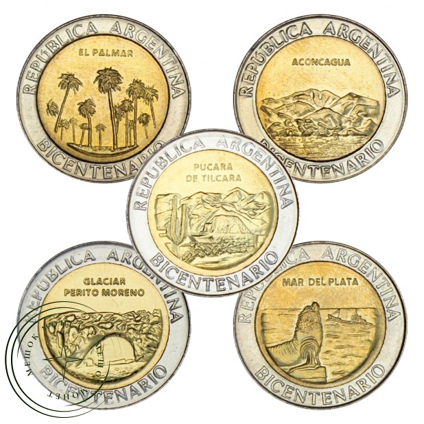 Аргентина Набор монет 1 песо 2010 200 лет Аргентине (5 штук)