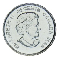 Монета Канада 25 центов 2009 Победа женской сборной по хоккею на олимпиаде Солт-Лейк-Сити 2002