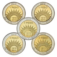 Аргентина Набор монет 1 песо 2010 200 лет Аргентине (5 штук)