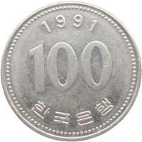 Монета Южная Корея 100 вон 1991