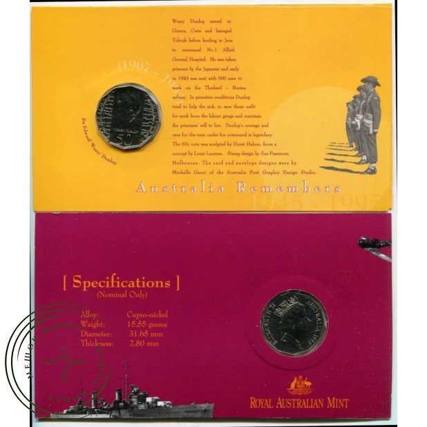Австралия 50 центов 1995 50 - годовщина окончания Второй мировой войны и памяти военнопленных — 937046497