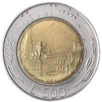 Монета Италия 500 лир 1991
