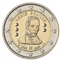 Монета Бельгия 2 евро 2009 200 лет со дня рождения Луи Брайля