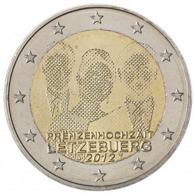 Монета Люксембург 2 евро 2012 свадьба наследного Великого Герцога Люксембурга Гийома и графини Стефании де Ланнуа