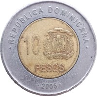 Монета Доминикана 10 песо 2005