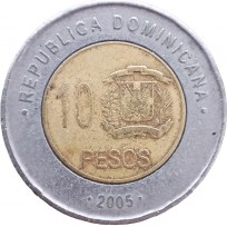 Монета Доминикана 10 песо 2005