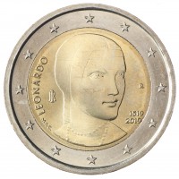 Монета Италия 2 евро 2019 500 лет со дня смерти Леонардо да Винчи
