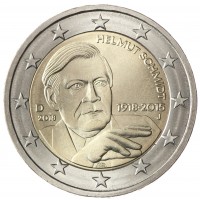 Монета Германия 2 евро 2018 100 лет со дня рождения 5-го федерального канцлера ФРГ Гельмута Шмидта