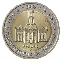 Монета Германия 2 евро 2009 Саар (Церковь Людвига в Саарбрюккене)