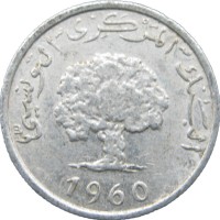 Монета Тунис 1 миллим 1960