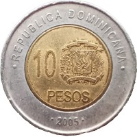 Монета Доминикана 10 песо 2005