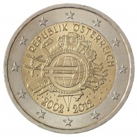 Австрия 2 евро 2012 10 лет наличному обращению евро