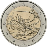 Монета Андорра 2 евро 2024 100 лет лыжного спорта в Андорре (Буклет)