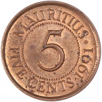 Монета Маврикий 5 центов 1991