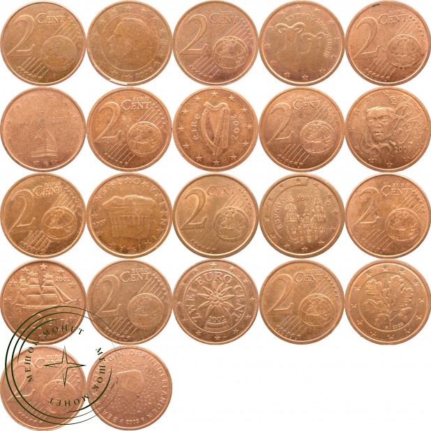 Набор монет 2 евроцента (13 монет)
