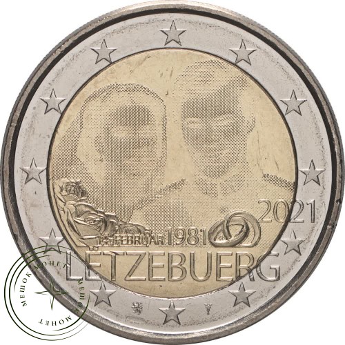 Люксембург 2 евро 2021 40 лет свадьбы Анри и Марии Терезы/голограмма
