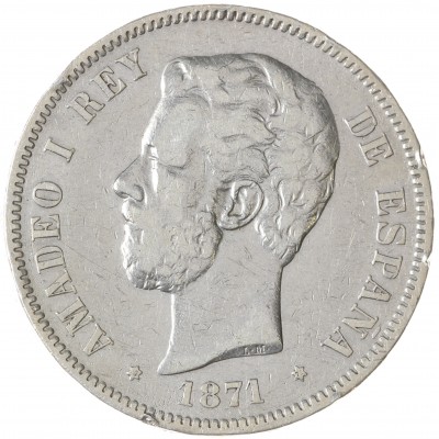 Монета Испания 5 песет 1871
