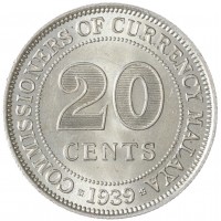 Монета Малайя 20 центов 1939