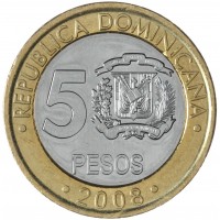 Монета Доминикана 5 песо 2008