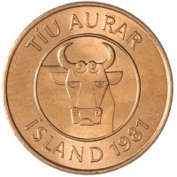 Монета Исландия 10 эйре 1981
